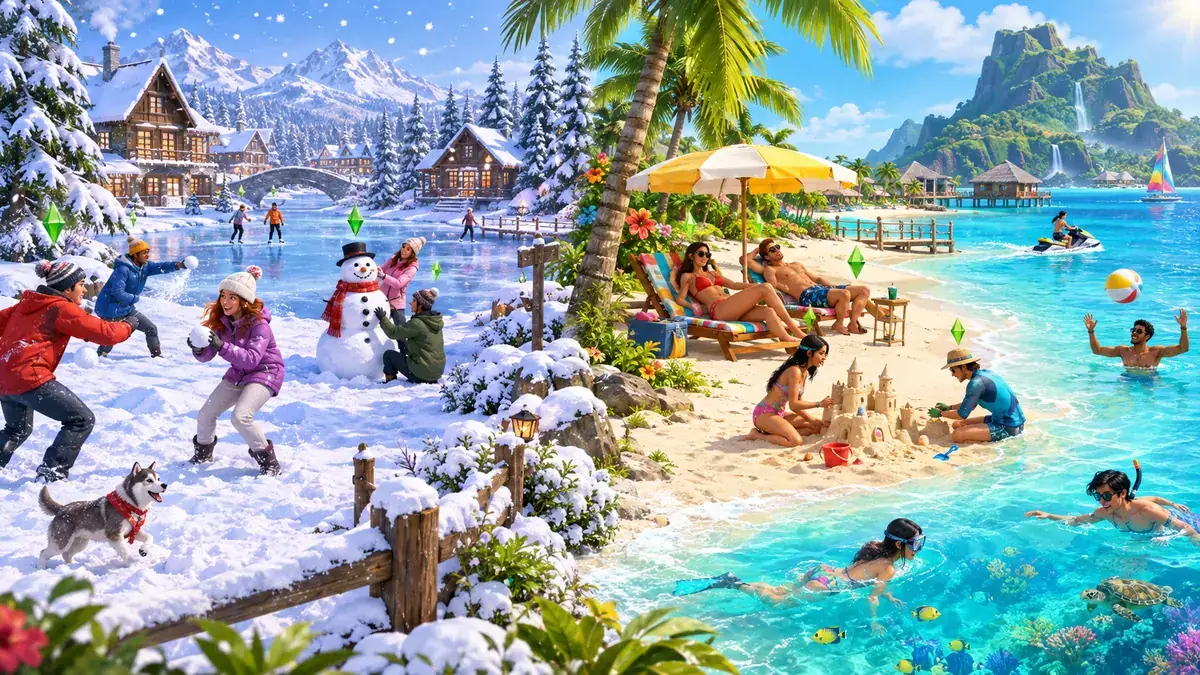 Zimowe miasteczko i tropikalna plaża z dodatków do The Sims 4