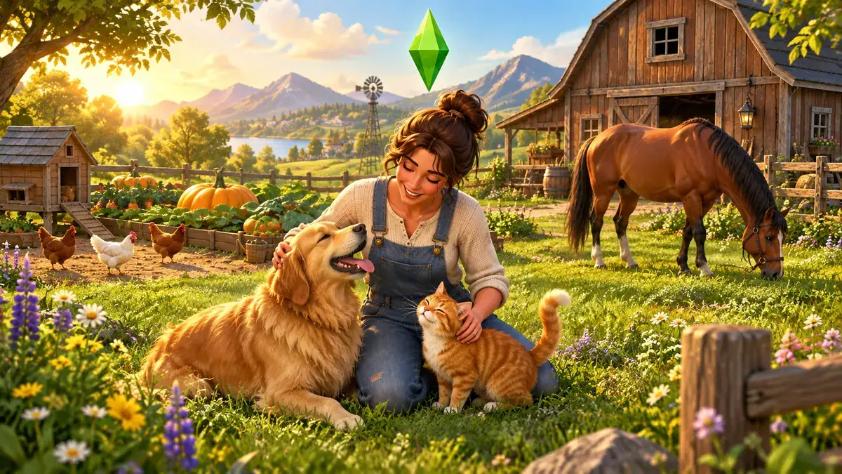 Simka z psem, kotem i koniem na wsi z dodatków Psy i koty oraz Ranczo do The Sims 4