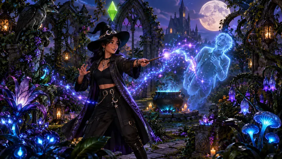 Czarodziejka z różdżką i duch w magicznym ogrodzie z pakietu rozgrywki Kraina magii do The Sims 4