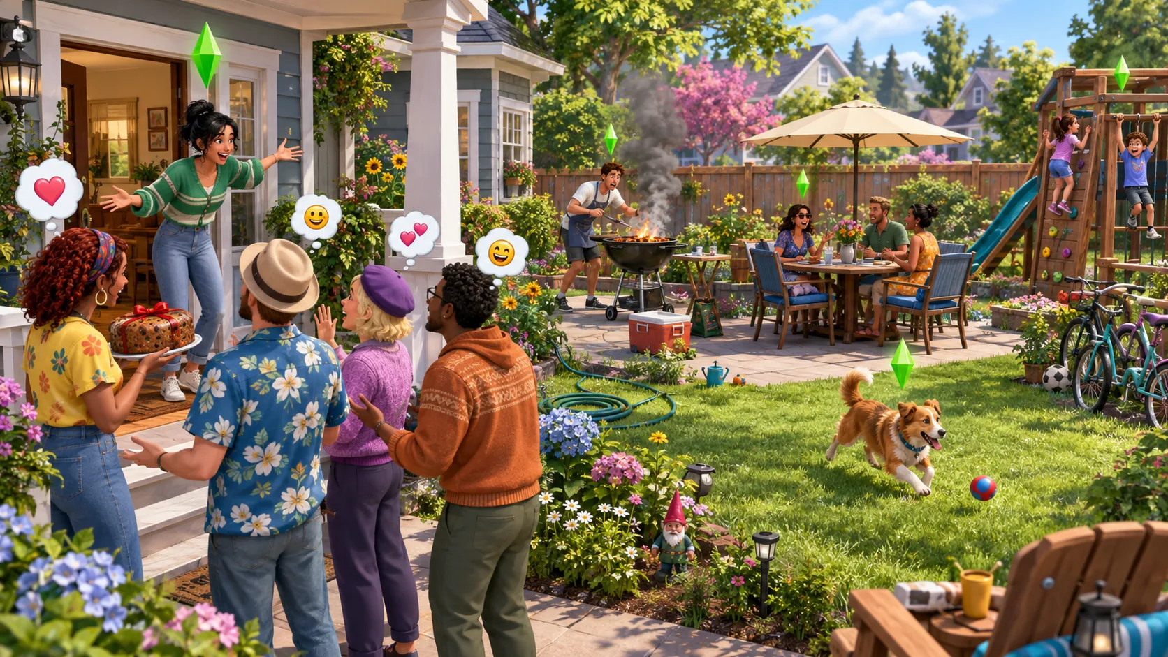 Simowie podczas przyjęcia w ogrodzie w trybie życia The Sims 4